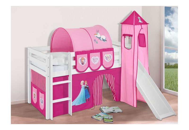 Cama Semi Alta Jelle Con Tobogan Con Cortinas Frozen Rosa