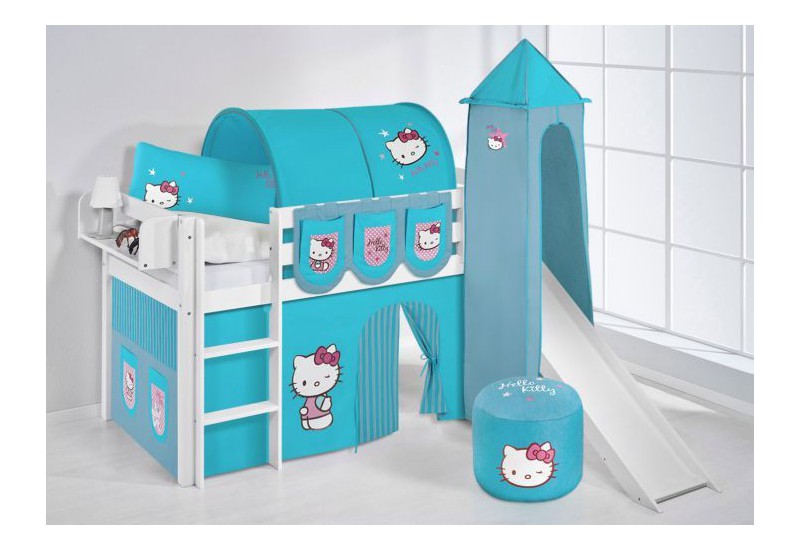 Cama Semi Alta Jelle Con Tobogan Con Cortinas Hello Kitty Azul